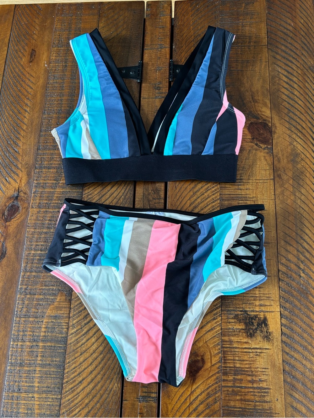 Body Glove Striped Bikini Set Small Colorblock Plunge Top Lattice Side Bottoms
